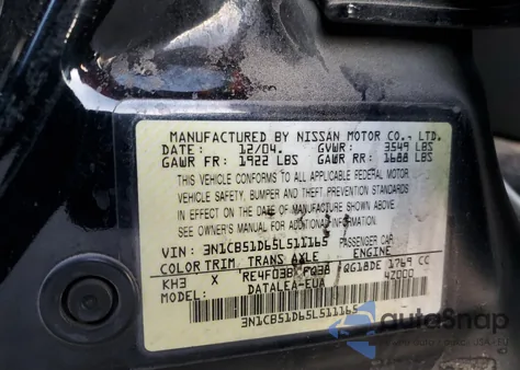 2005 Nissan Sentra 1.8 z USA, uszkodzony, nr VIN 3N1CB51D65L511165